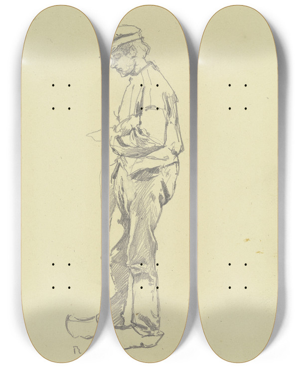 Triptych art skateboard deck of Rudolf Gudden Ein Arbeiter Aus Der Groen Spinnerei Von Edam_3 by Rudolf Gudden (1863-1935)