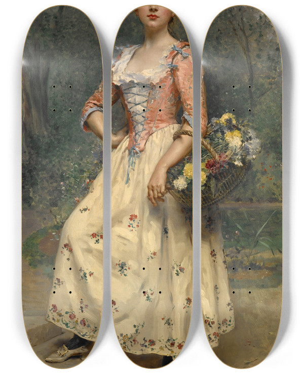 Triptych art skateboard deck of Raimundo De Madrazo Y Garreta Spring Beauty by Raimundo De Madrazo Y Garreta (1841-1920)