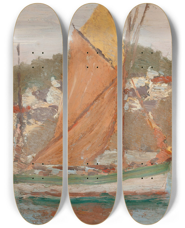Triptych art skateboard deck of Edward Emerson Simmons Fishing Sloop Concarneau by Edward Emerson Simmons (1852-1931)