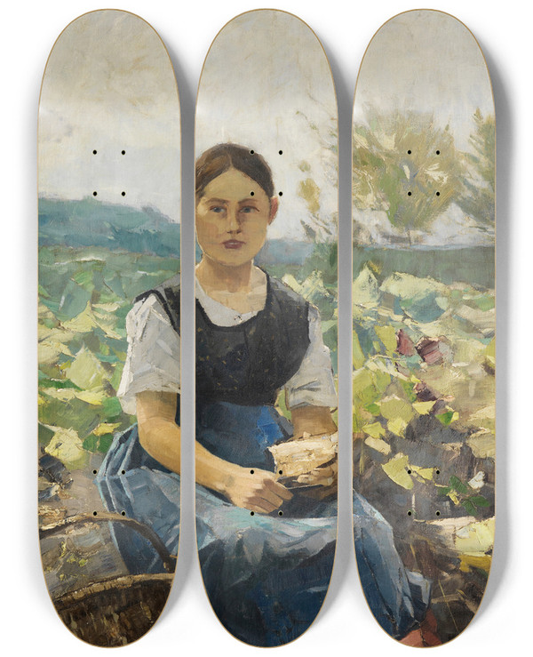 Triptych art skateboard deck of Karl Hagemeister Mdchen Im Kohlfeld by Karl Hagemeister (1848-1933)