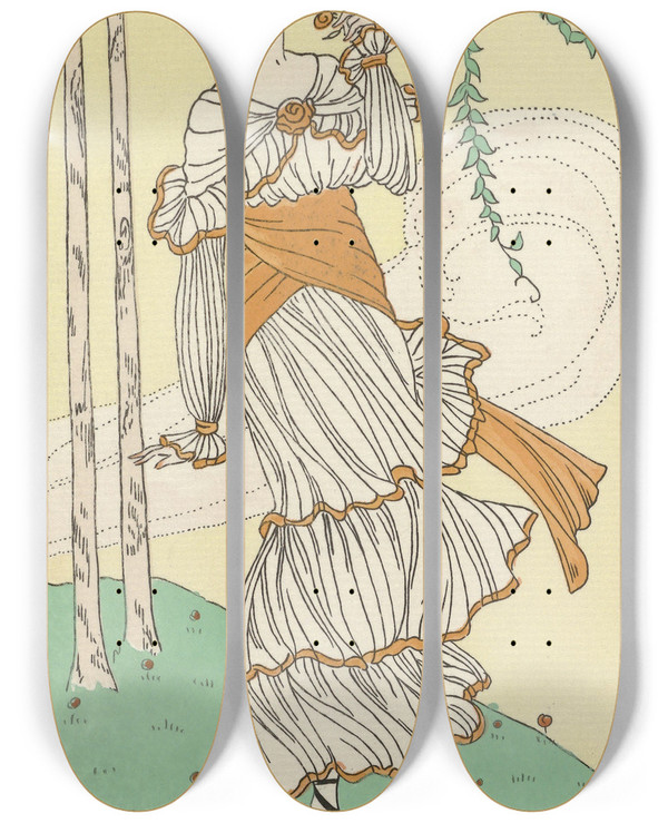 Triptych art skateboard deck of H Robert Dammy Robe De Garden Party by H Robert Dammy (1890)