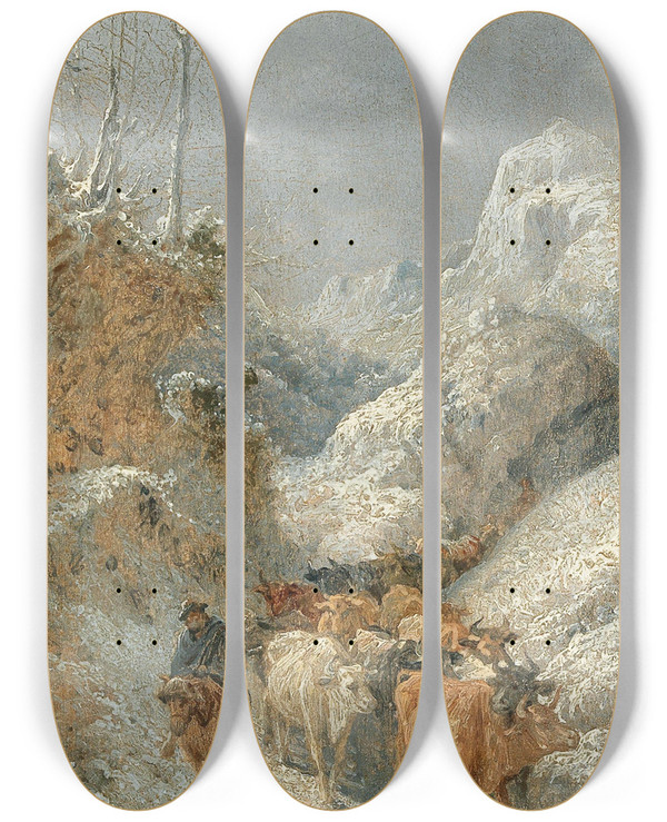 Triptych art skateboard deck of Girolamo Gianni Hirte Mit Rinderherde by Girolamo Gianni (1837-1895)