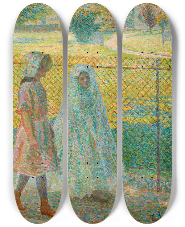 Triptych art skateboard deck of Ludovic Valle La Communiante Parc Montsouris by Ludovic Vallee (1864-1939)