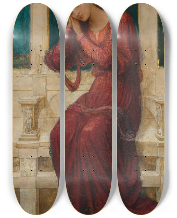 Triptych art skateboard deck of John Melhuish Strudwick When Sorrow Comes In Summer Days by John Melhuish Strudwick (1849-1937)