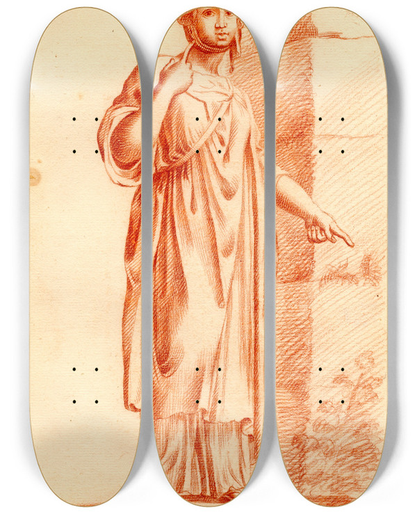 Triptych art skateboard deck of Cornelis Pronk Beeld Van Staande Vrouw Het Hoofd Verbonden by Cornelis Pronk (1691-1759)