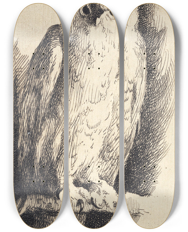 Triptych art skateboard deck of Frans Schwartz Prveplade En Ugle by Frans Schwartz (1850-1917)