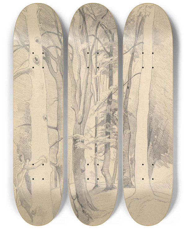 Triptych art skateboard deck of Carl Hummel Trees Near Diessen by Carl Hummel (1821-1907)