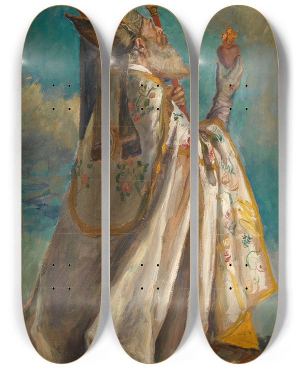 Triptych art skateboard deck of Romain Looymans Saint Augustine In Ecstasy by Romain Looymans (1864-1914)