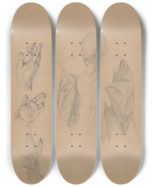 Triptych art skateboard deck of Jzef Simmler Study To An Unidentified Figural Composition by Jozef Simmler (1823-1868)
