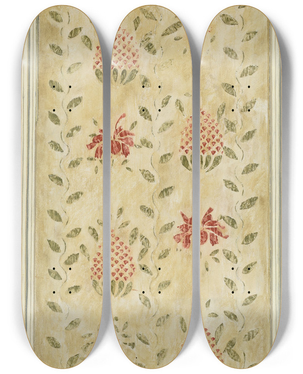 Triptych art skateboard deck of Mildred E Bent Bedroom Stencil by Mildred E Bent