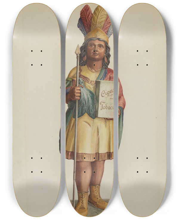 Triptych art skateboard deck of Lucille Lacoursiere Cigar Store Indian_1 by Lucille Lacoursiere