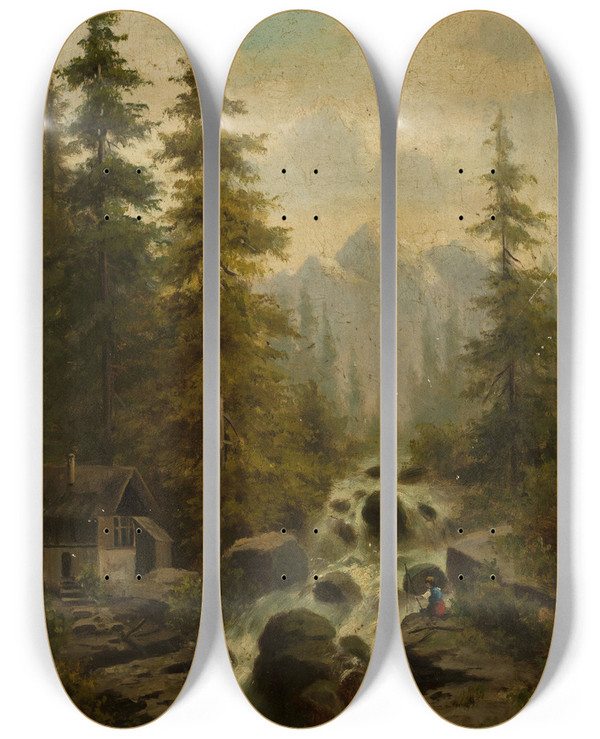 Triptych art skateboard deck of Adolf Chwala Mountain Landscape With A Waterfall by Adolf Chwala (1836-1900)