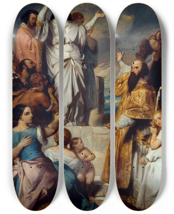 Triptych art skateboard deck of Eugne Devria Apothose De Sainte Genevive_1 by Eugene Deveria (1805-1865)