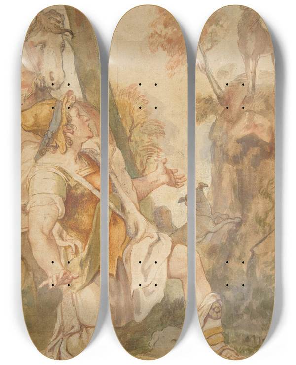 Triptych art skateboard deck of Federico Zuccaro The Vision Of Saint Eustace by Federico Zuccaro (1542-1609)