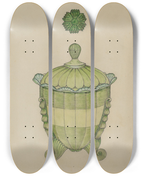 Triptych art skateboard deck of William Mcauley Covered Glass Sugar Bowl by William Mcauley