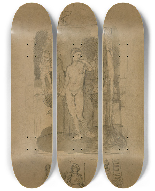 Triptych art skateboard deck of Hans Von Mares Sitzende Und Stehende Figuren Ein Weiblicher Akt by Hans Von Marees (1837-1887)