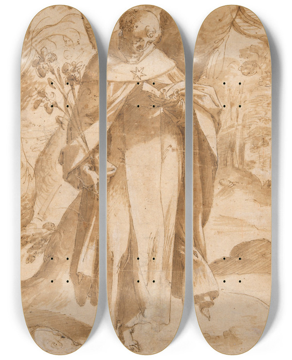 Triptych art skateboard deck of Bartholomaeus Spranger Saint Dominic Reading by Bartholomaeus Spranger (1546-1611)