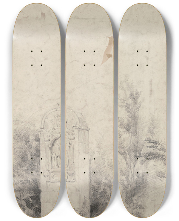 Triptych art skateboard deck of Gustave Adolphe Simonau Calvary Chapel by Gustave Adolphe Simonau (1810-1870)