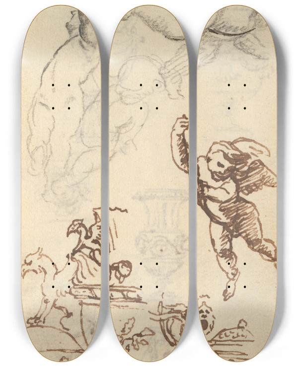 Triptych art skateboard deck of Benjamin West Study Of A Vase_8 by Benjamin West (1738-1820)