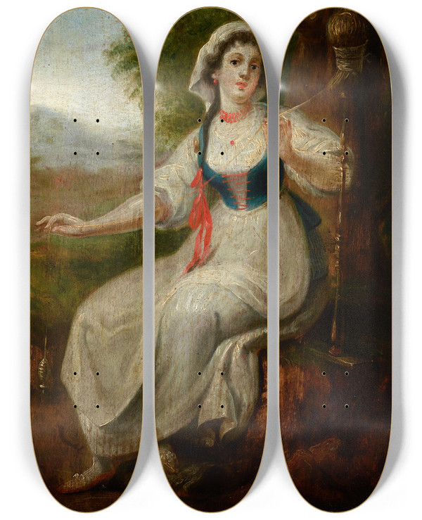 Triptych art skateboard deck of Micha Stachowicz Spinner At Her Work by Michal Stachowicz (1768-1825)