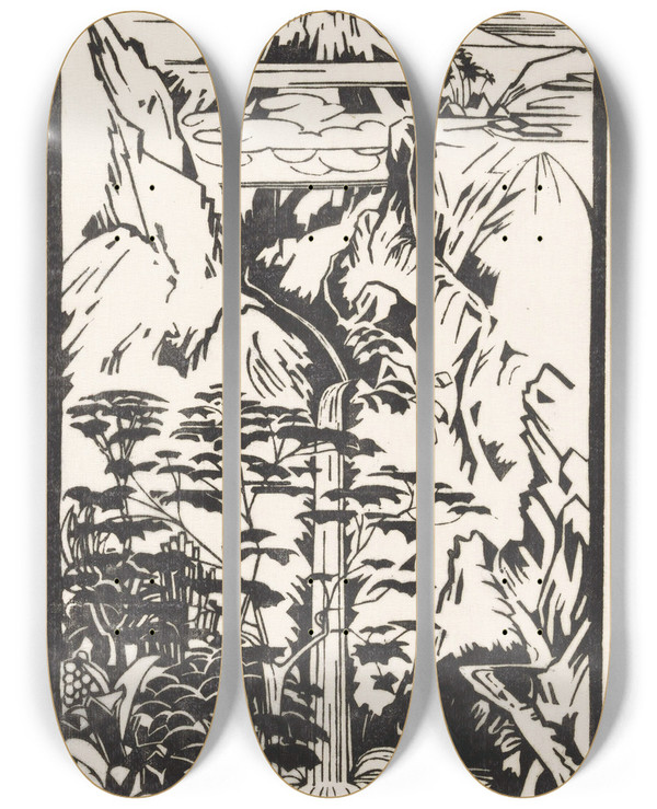 Triptych art skateboard deck of Johannes Frederik Engelbert Ten Klooster Helling Merapi_1 by Johannes Frederik Engelbert Ten Klooster (1873-1940)