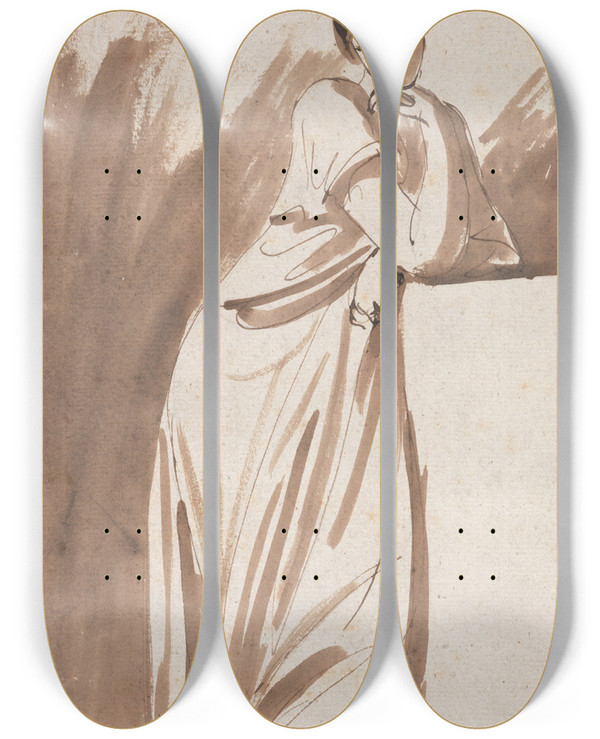 Triptych art skateboard deck of George Romney Lady Leaning On A Column by George Romney (1734-1802)