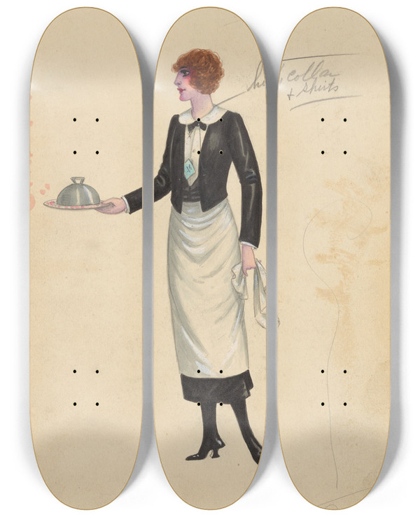Triptych art skateboard deck of Will R Barnes Waiterettes 9 by Will R Barnes (1939)