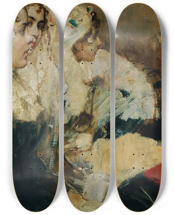 Triptych art skateboard deck of Cecil Van Haanen Katechismusprfung In Der Kirche Lskizze Zur Disputa by Cecil Van Haanen (1844-1914)