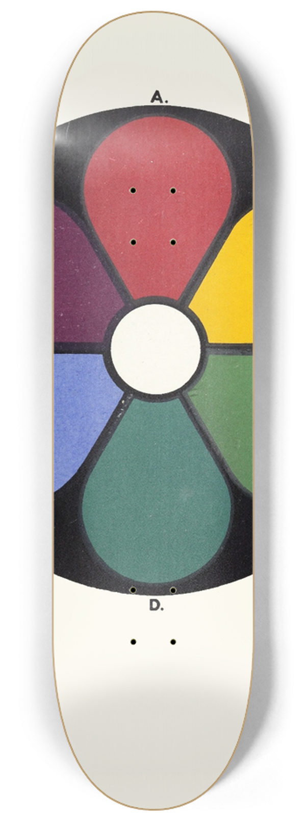 James Ward - The Primaries, Red, Green and Ultramarine-Blue, with their Complementaries, or Secondaries, Blue-Green, Purple and Yellow. 8.25 inch art skate deck