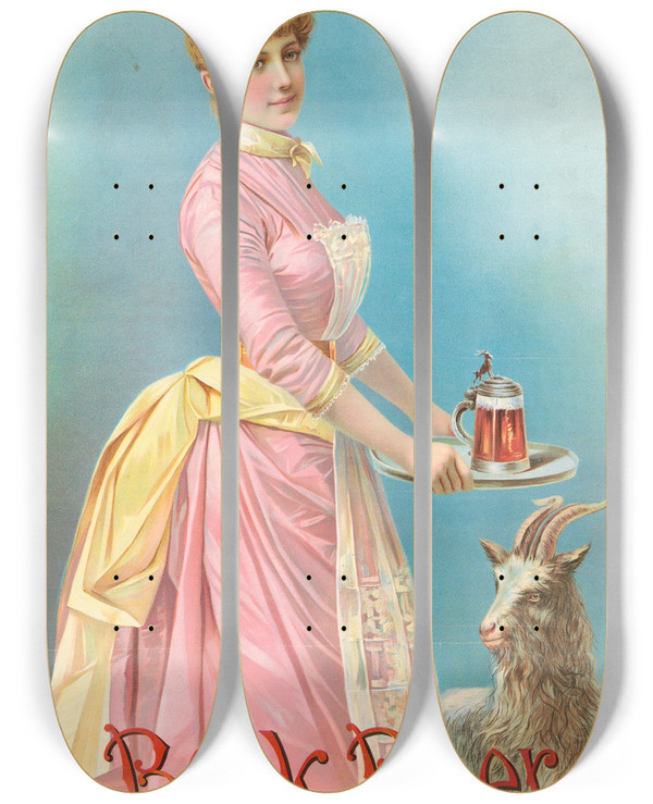 Triptych art skateboard deck of Henry Jerome Schile Bock Beer by Henry Jerome Schile (1829-1901)