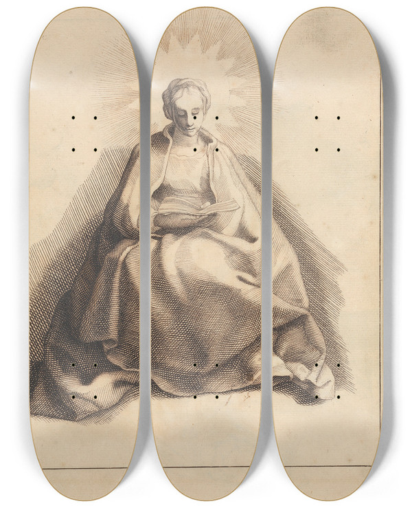 Triptych art skateboard deck of Hamlet Winstanley Cloaked Woman Seated Reading by Hamlet Winstanley (1698-1756)
