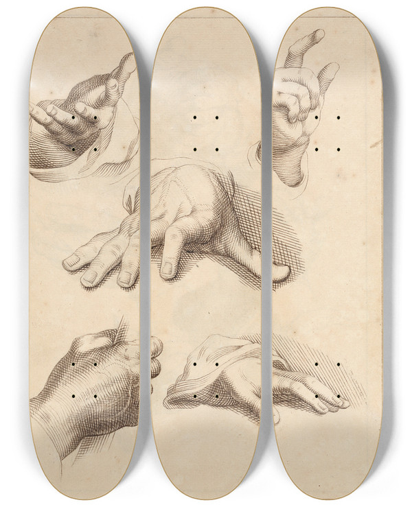 Triptych art skateboard deck of Hamlet Winstanley Sketches Of Hands_1 by Hamlet Winstanley (1698-1756)