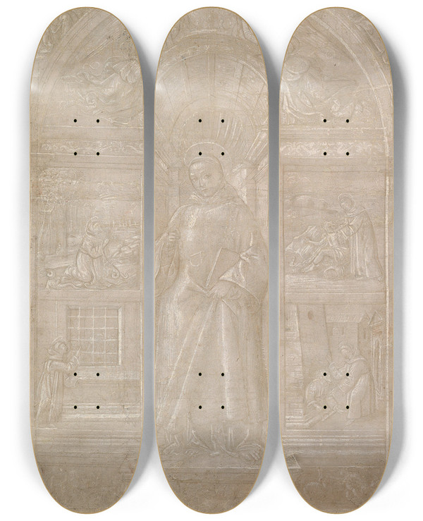 Triptych art skateboard deck of Francesco Di Paolo Da Montereale Saint Leonard And Four Episodes From His Life by Francesco di Paolo da Montereale (1476-1541)