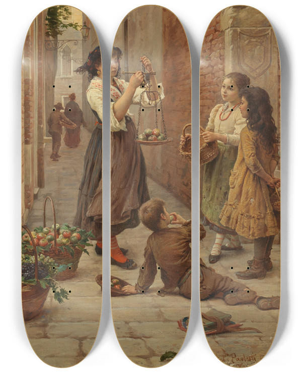 Triptych art skateboard deck of Antonio Ermoao Paoletti Apple Sellers by Antonio Ermolao Paoletti