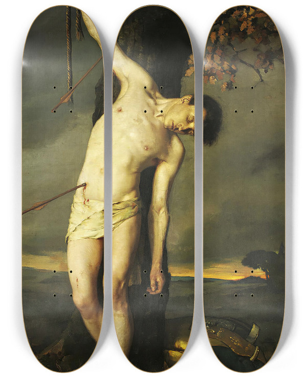 Triptych art skateboard deck of Alcidejoseph Lorentz Saint Sebastian by Alcide Joseph Lorentz (1813-1891)