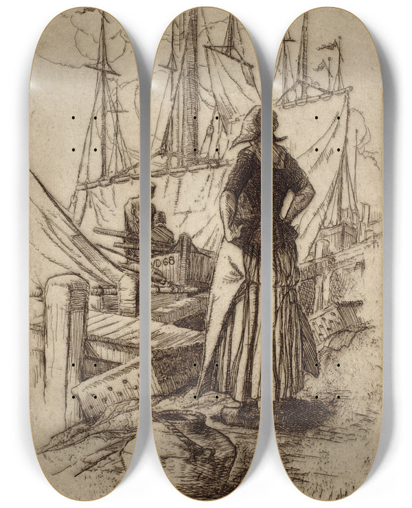 Triptych art skateboard deck of Alexander J Van Leshout Dinnertime by Alexander J Van Leshout (1868-1930)