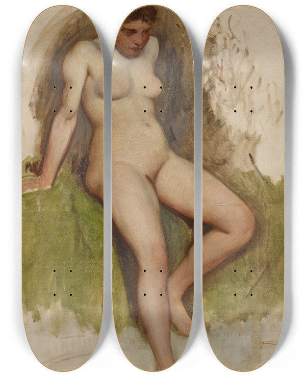 Triptych art skateboard deck of Frank Duveneck Nude by Frank Duveneck (1848-1919)