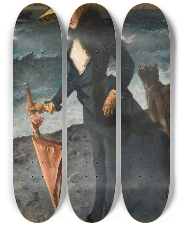 Triptych art skateboard deck of Alfred Stevens Le Coup De Vent by Alfred Stevens (1817-1875)