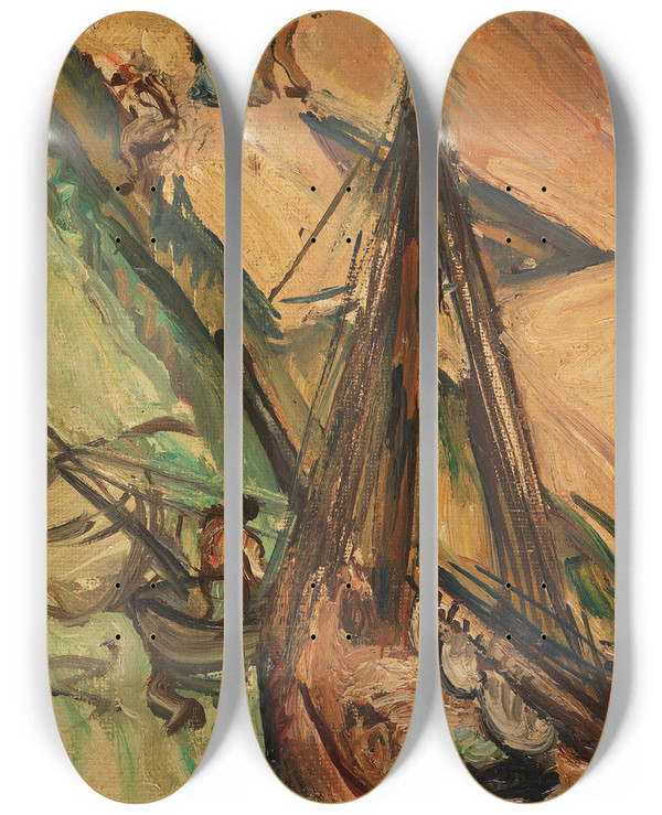 Triptych art skateboard deck of Emile Othon Friesz Segelkutter An Der Kaimauer by Emile Othon Friesz (1879-1949)