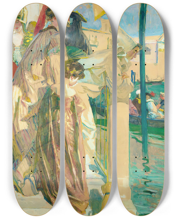 Triptych art skateboard deck of Lucien Simon Carnival In Venice by Lucien Simon (1861-1945)