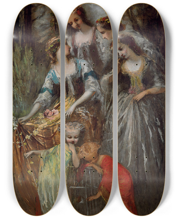 Triptych art skateboard deck of Adolphe Monticelli The Empress Eugnie And Her Attendants by Adolphe Monticelli (1824-1886)