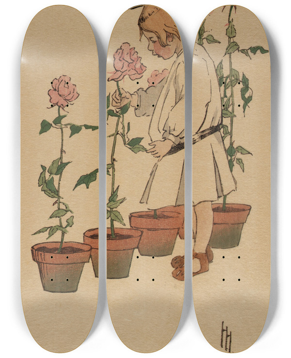 Triptych art skateboard deck of Helen Hyde Confidences by Helen Hyde (1868-1919)