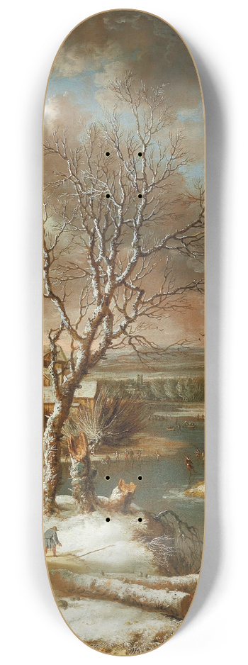 Jan Abrahamsz Beerstraaten - Winter landscape with skaters on a frozen river 8.25 inch art skate deck