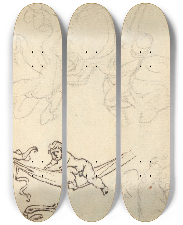 Triptych art skateboard deck of Benjamin West Study Of A Vase_13 by Benjamin West (1738-1820)