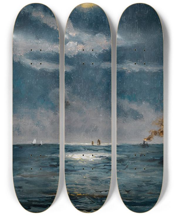 Triptych art skateboard deck of Alfred Stevens A Calm Moonlit Marine Scene by Alfred Stevens (1817-1875)
