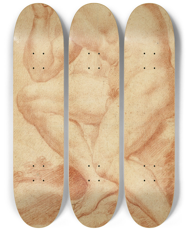 Triptych art skateboard deck of Andrea Camassei Seated Academic Male Nude In Profile To Left by Andrea Camassei (1602-1649)
