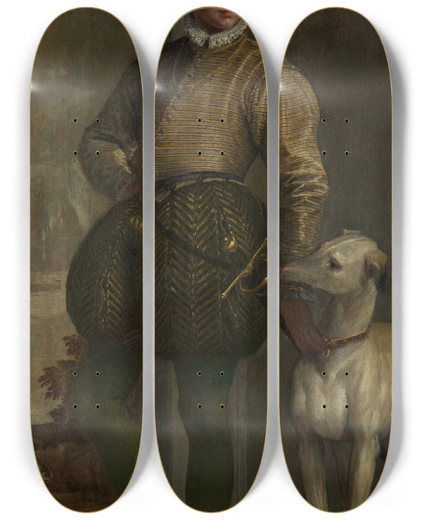 Triptych art skateboard deck of Paolo Veronese Boy With A Greyhound by Paolo Veronese (1528-1588)