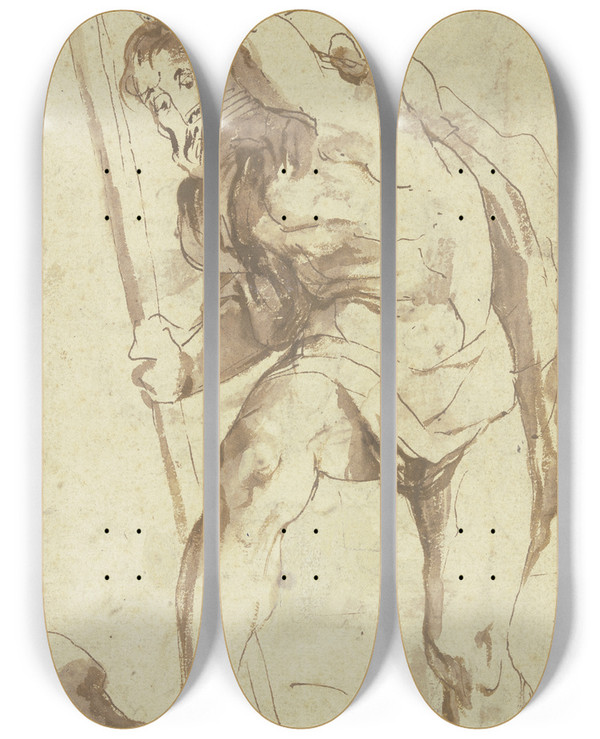 Triptych art skateboard deck of Peter Paul Rubens Saint Christopher by Peter Paul Rubens (1577-1640)
