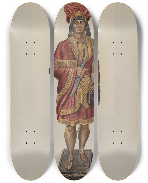 Triptych art skateboard deck of Vl Vance Cigar Store Indian by V.L. Vance