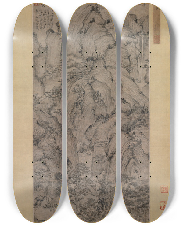 Triptych art skateboard deck of Xu Ben Streams And Mountains by Xu Ben (1335-1380)